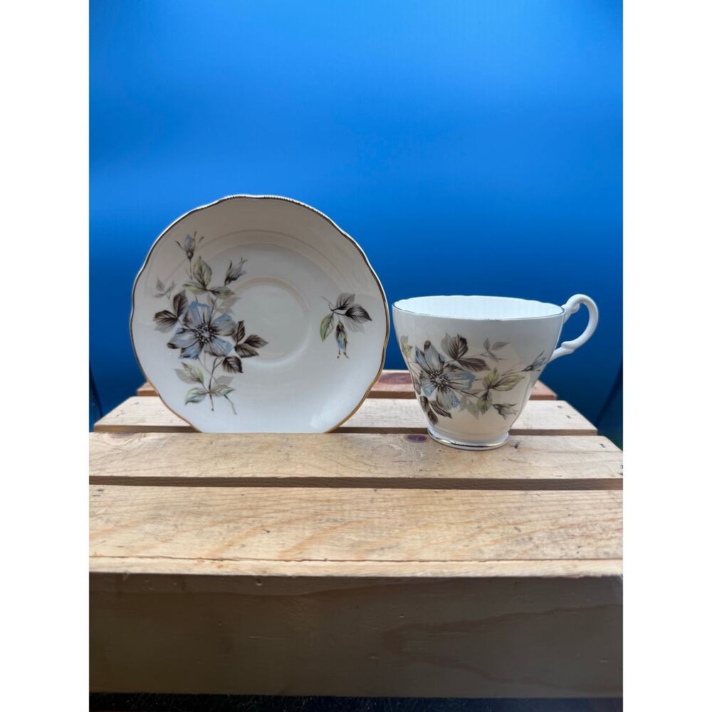 Royal Ascot Fine Bone China Teacup and Saucer Set - Blue Floral- Made in England